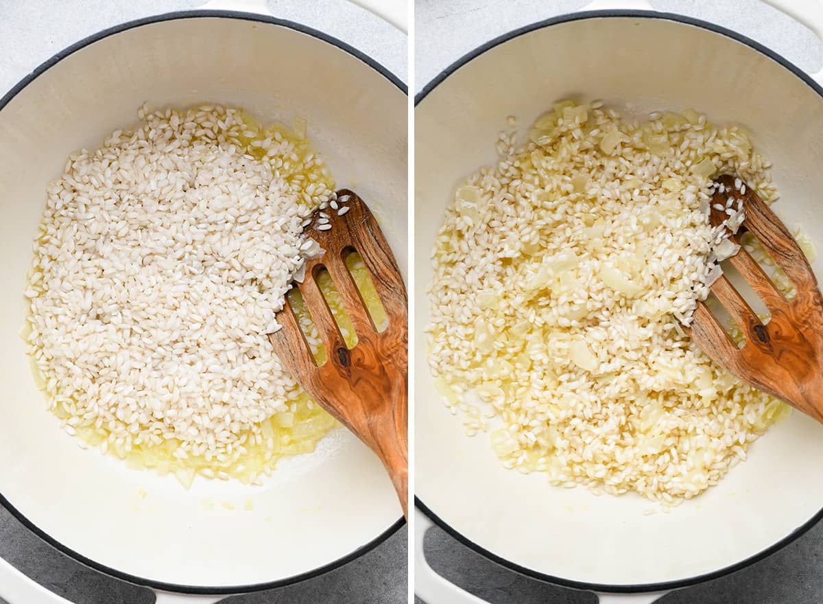 two photos showing how to make risotto - adding rice