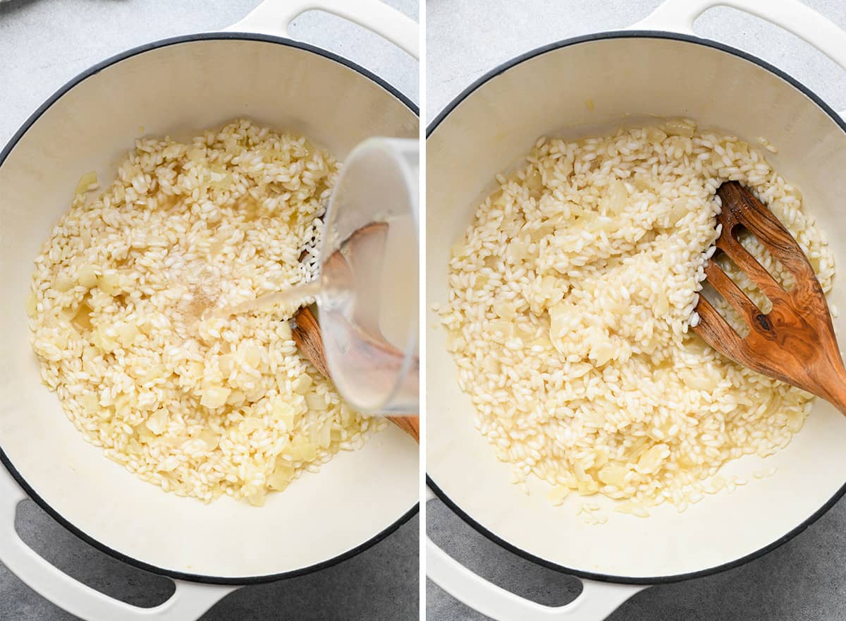 two photos showing how to make risotto - adding broth to rice in a stockpot