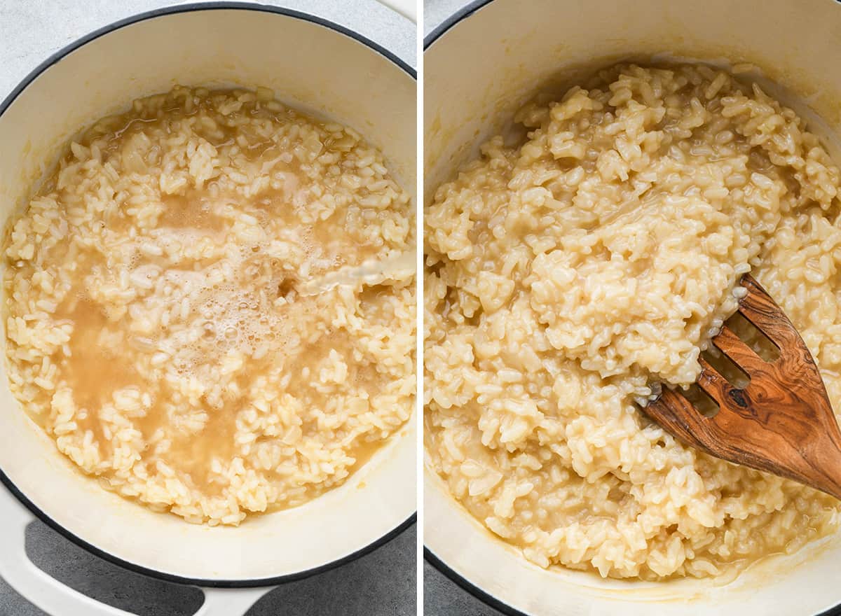 two photos showing how to make risotto - adding more broth