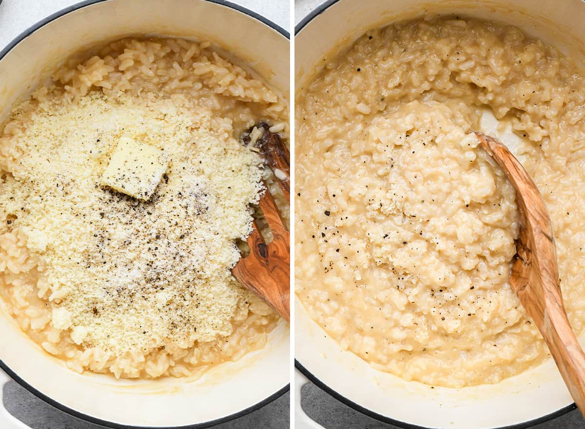 two photos showing how to make risotto - adding butter, salt, pepper and parmesan cheese