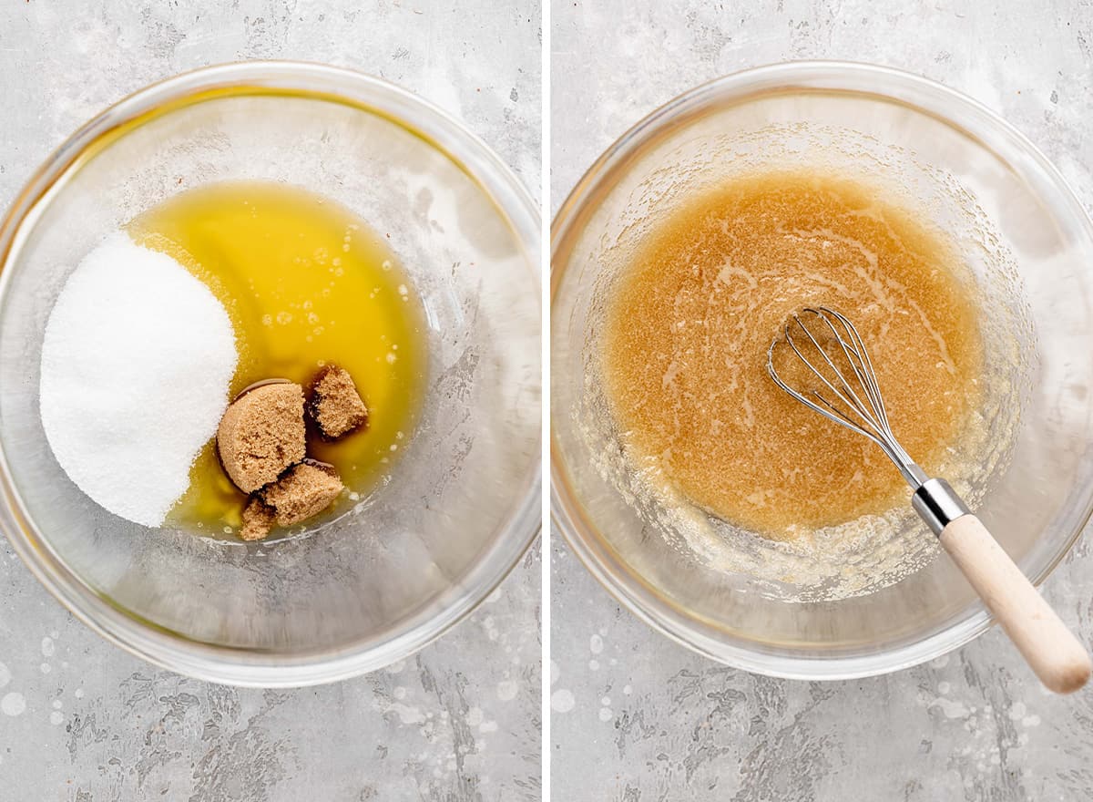 two photos showing how to make hummingbird cake - whisking melted butter and sugars 