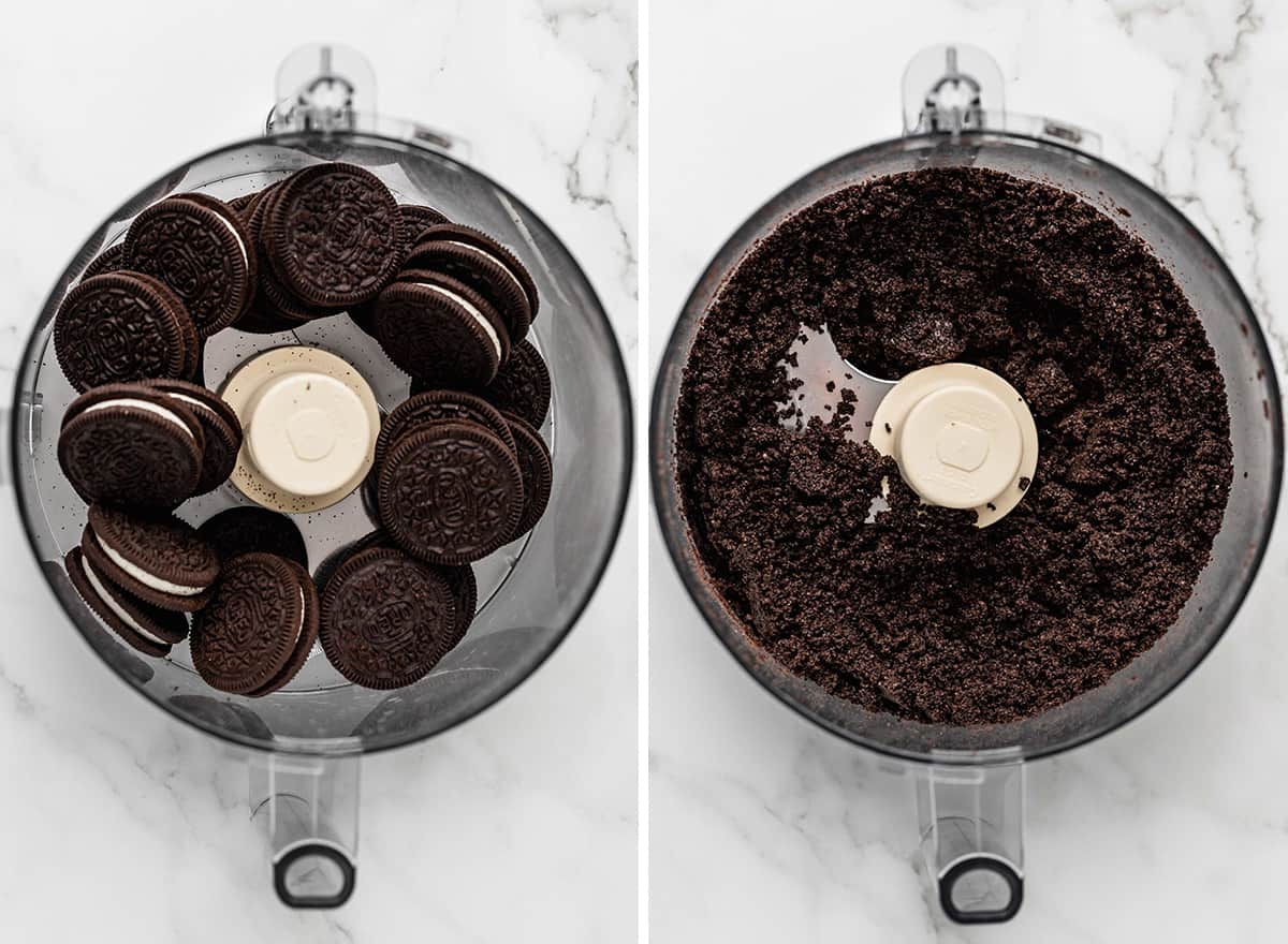 two photos showing how to make Oreo crust for No Bake Oreo Cheesecake