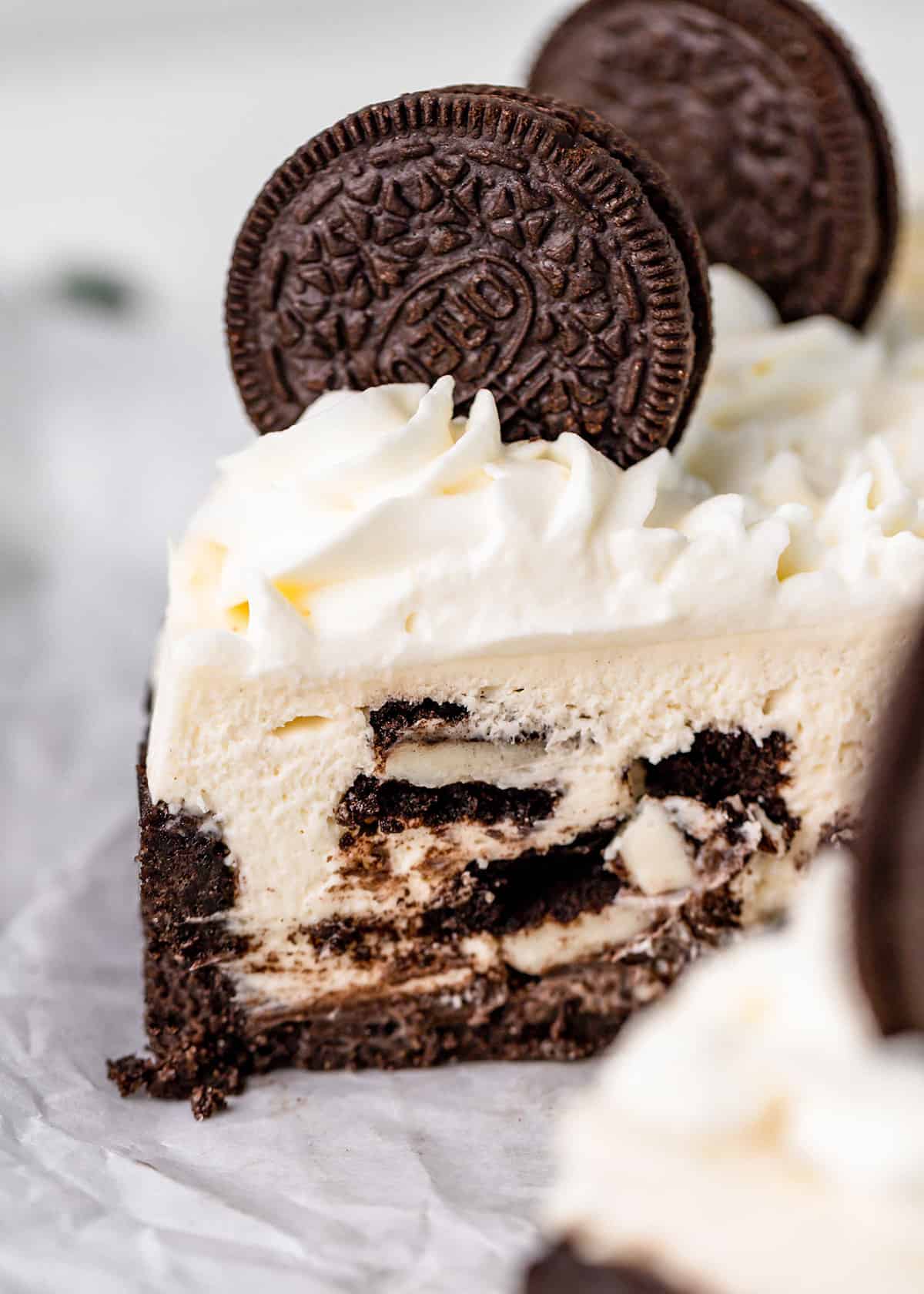 side view of a slice of No Bake Oreo Cheesecake