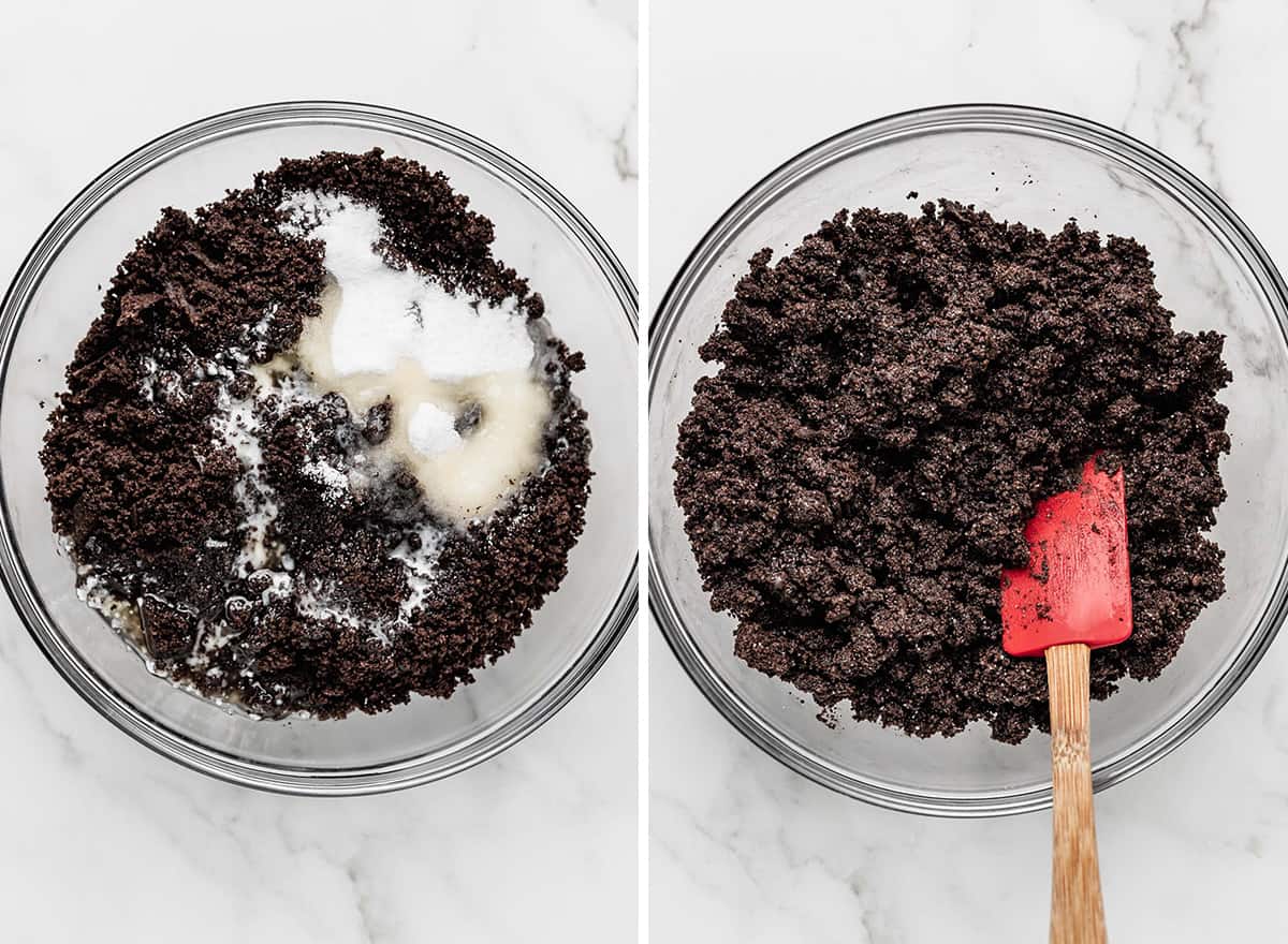 two photos showing how to make Oreo crust for No Bake Oreo Cheesecake