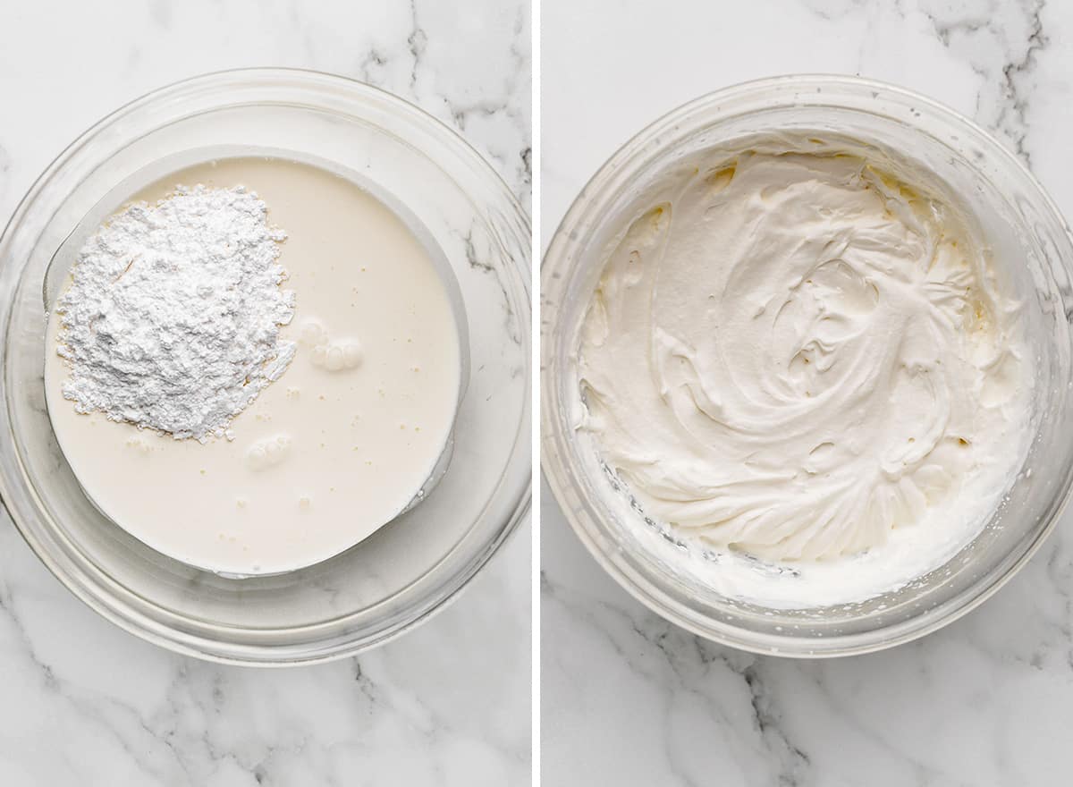 two photos showing how to whip cream to make No Bake Oreo Cheesecake