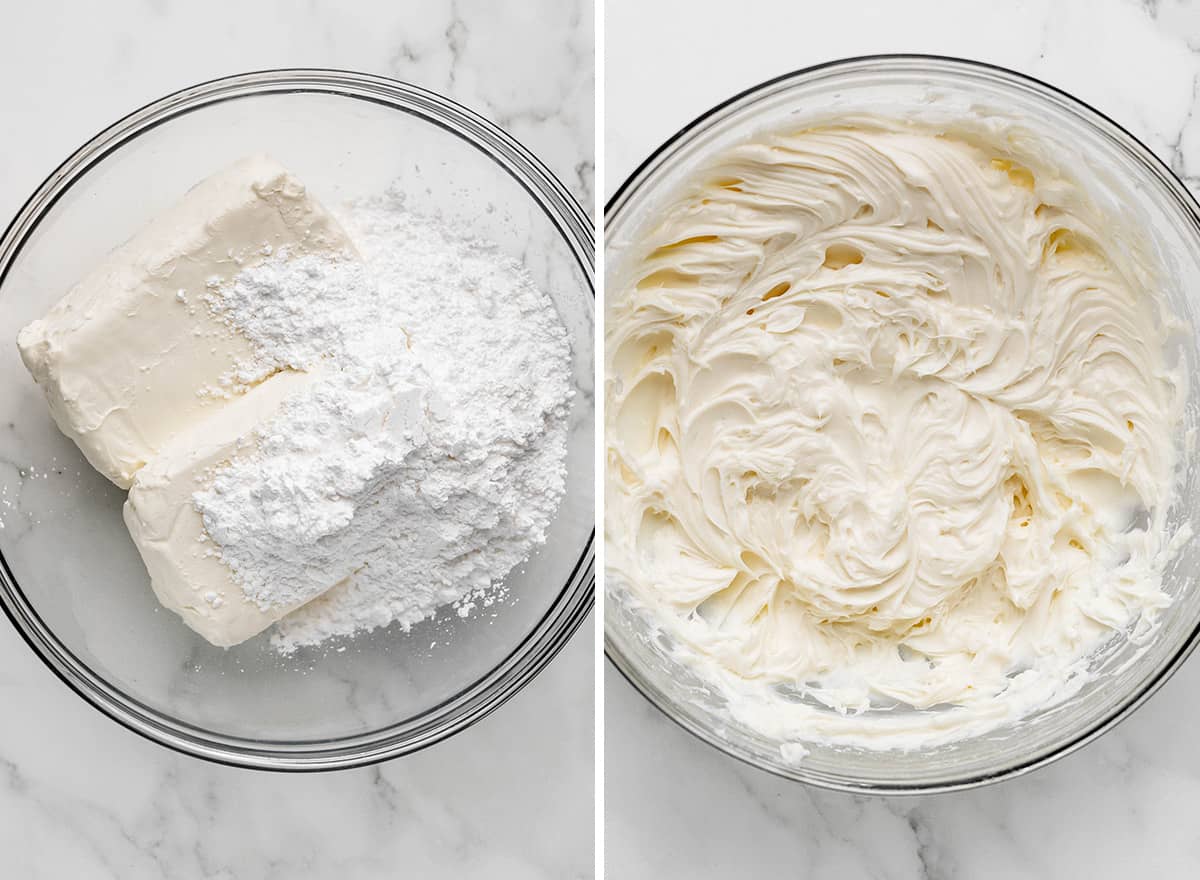 two photos showing beating together cream cheese and powdered sugar to make No Bake Oreo Cheesecake
