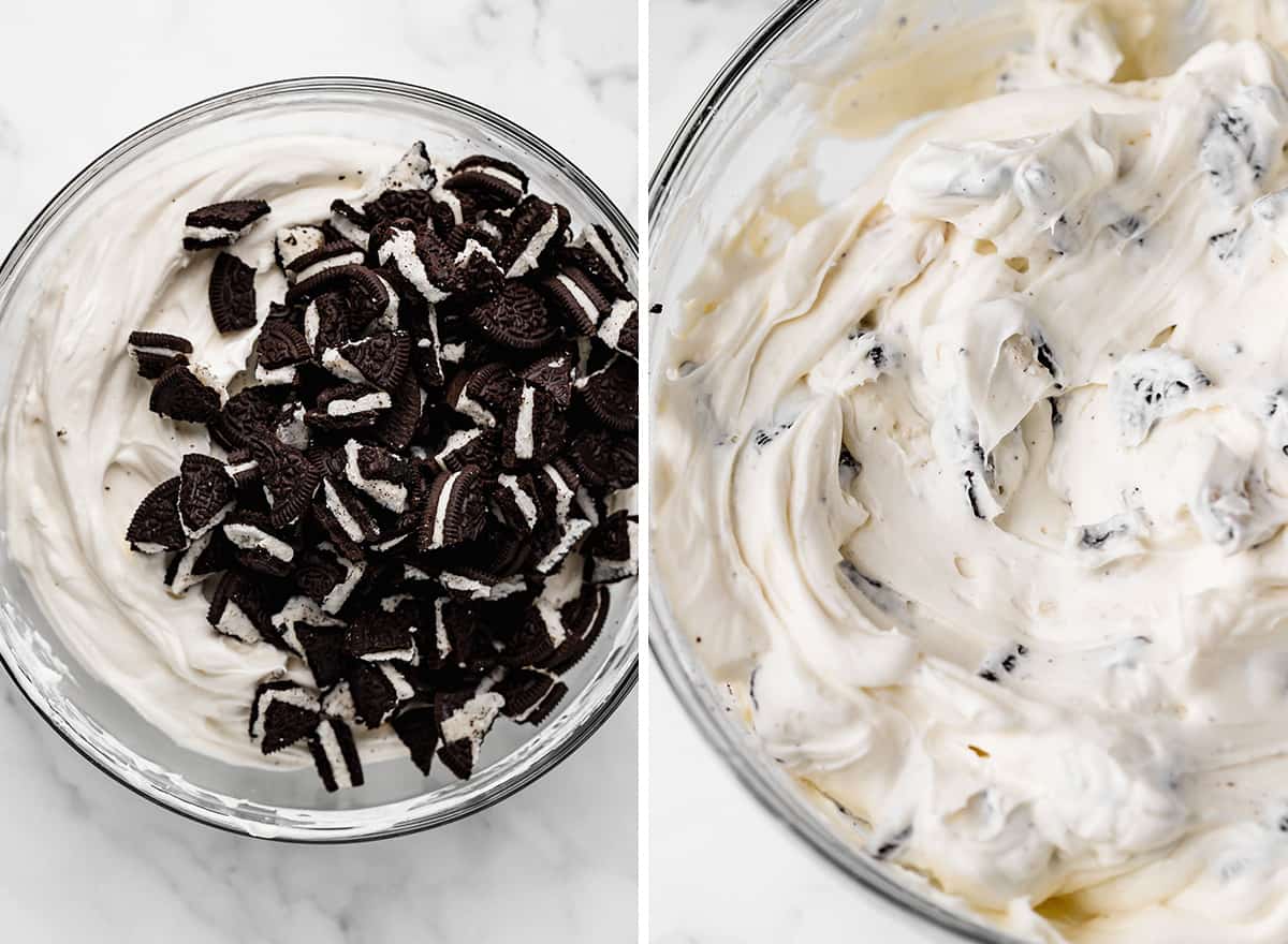 two photos showing how to make No Bake Oreo Cheesecake filling