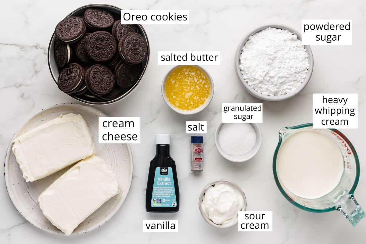 overhead photo of the ingredients in this No Bake Oreo Cheesecake recipe