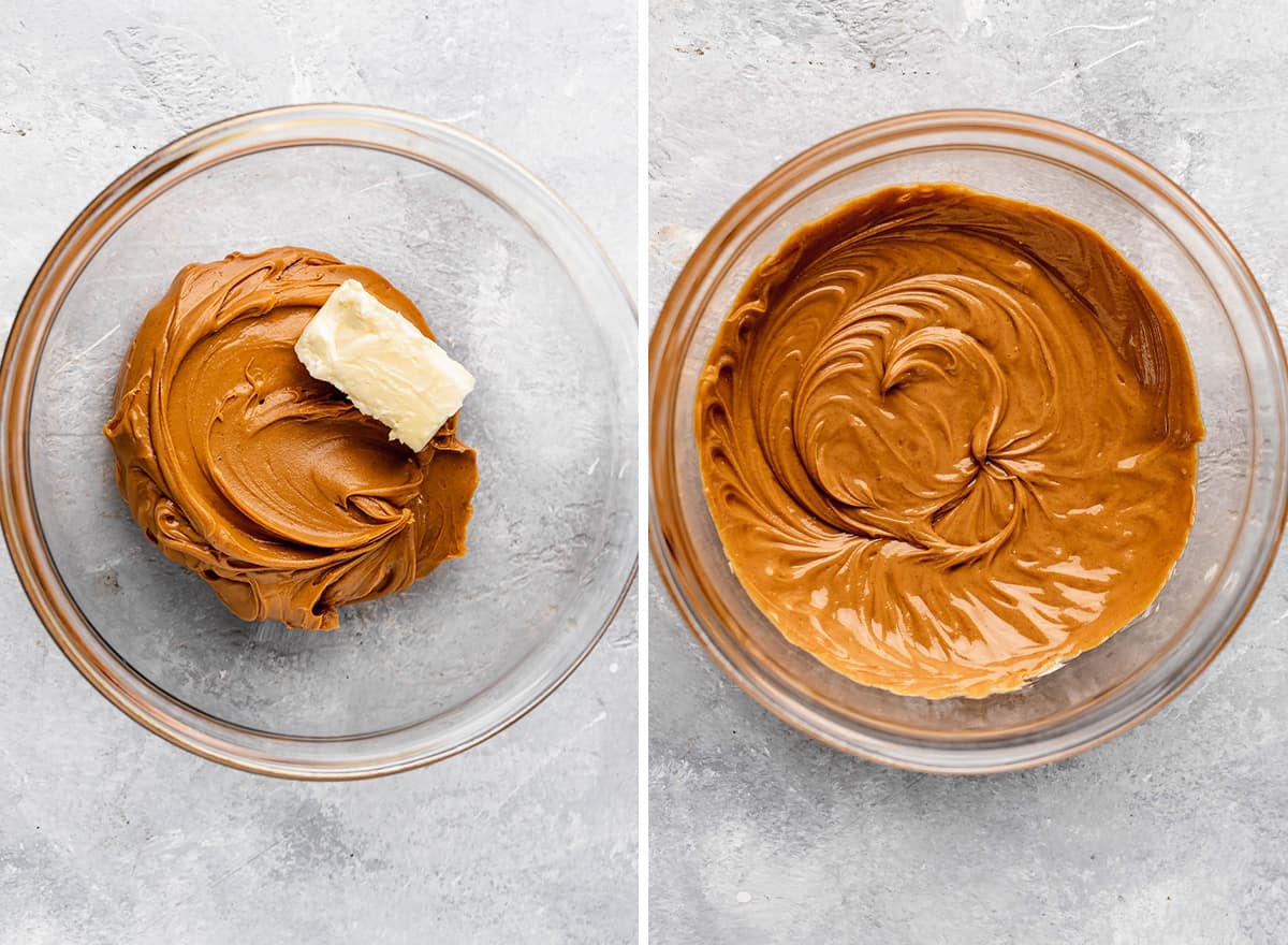 two photos showing how to make Peanut Butter Eggs - beating peanut butter and butter together