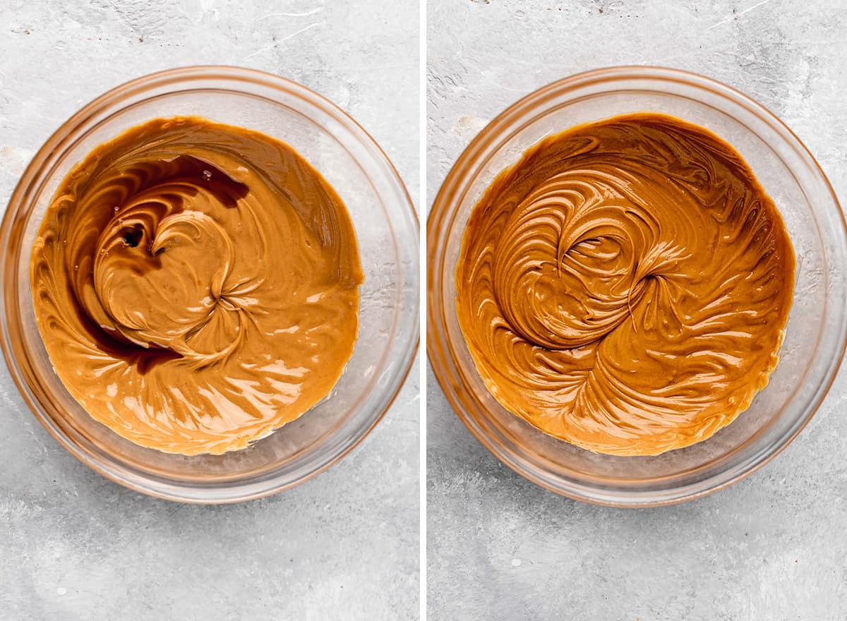 two photos showing how to make Peanut Butter Eggs - adding vanilla