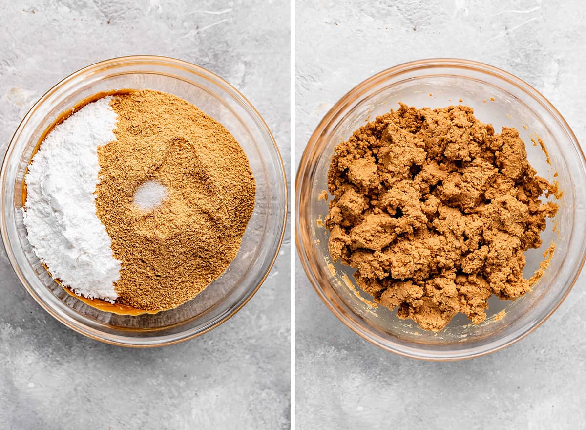 two photos showing how to make Peanut Butter Eggs - adding dry ingredients