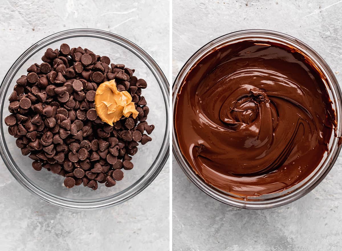 two photos showing how to make Peanut Butter Eggs - melting chocolate and peanut butter for the coating