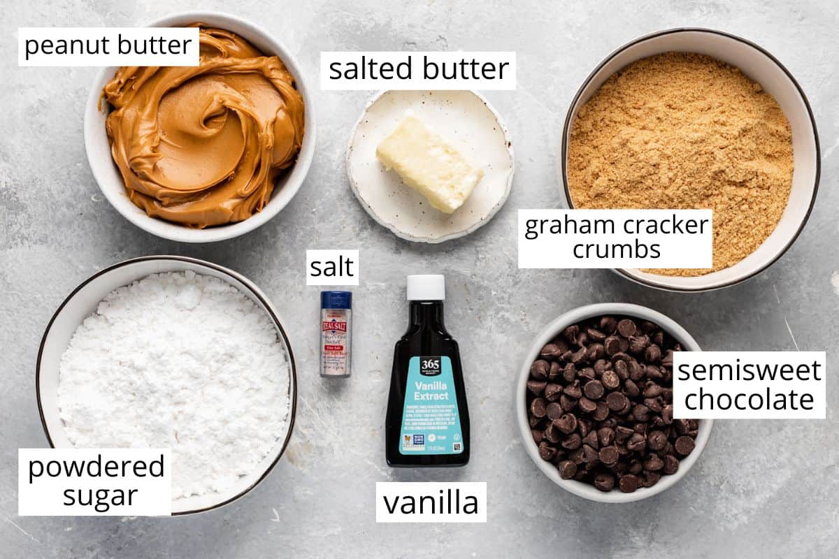 overhead photo of the labeled ingredients in this Peanut Butter Eggs recipe
