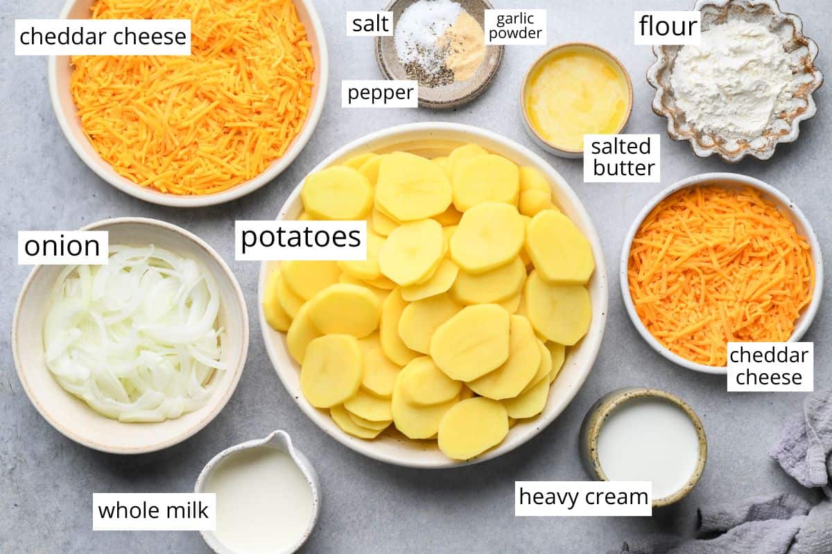 overhead photo of the labeled ingredients in this Au Gratin Potatoes Recipe
