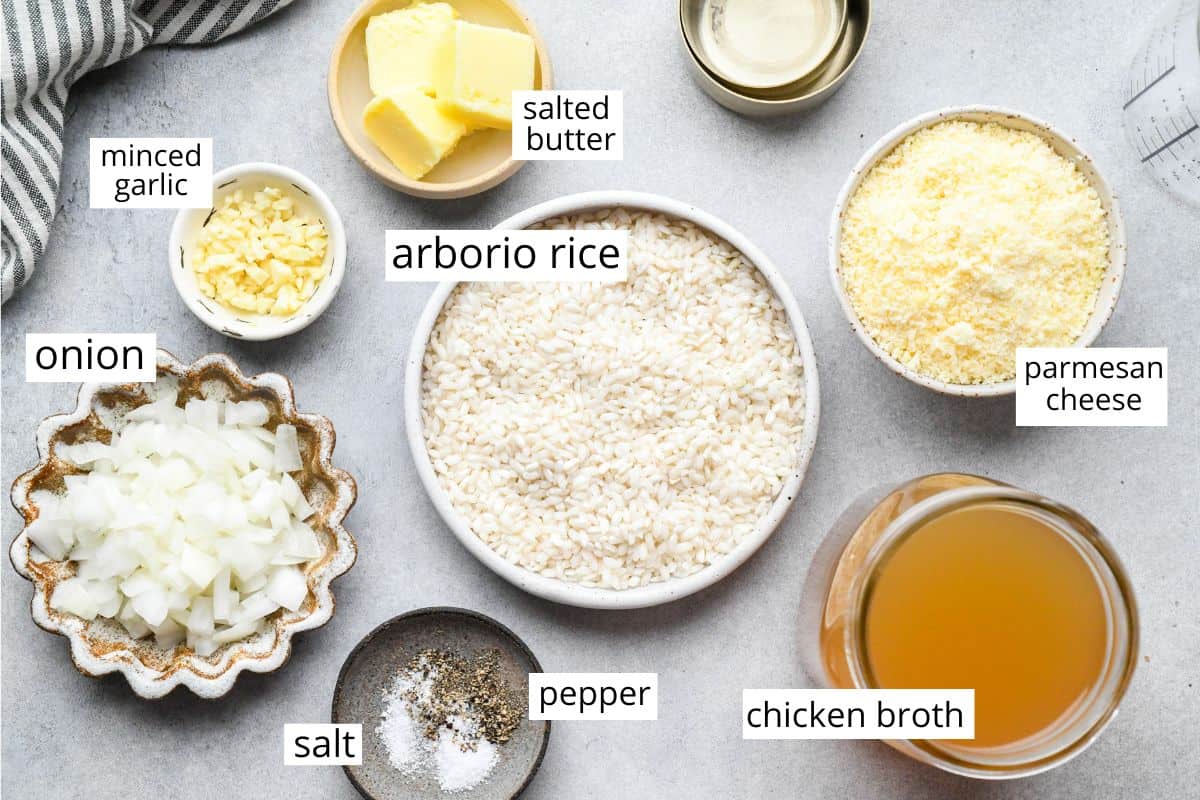 overhead photo of the labeled ingredients in this Easy Risotto Recipe