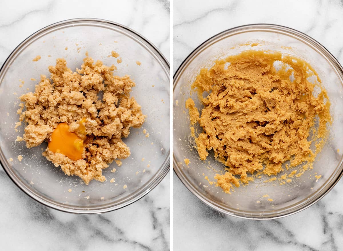 two photos showing how to make small batch chocolate chip cookies - adding egg and vanilla
