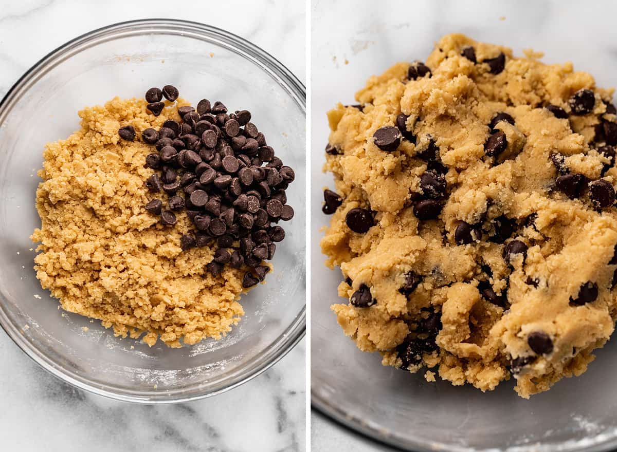 two photos showing how to make small batch chocolate chip cookies - adding chocolate chips