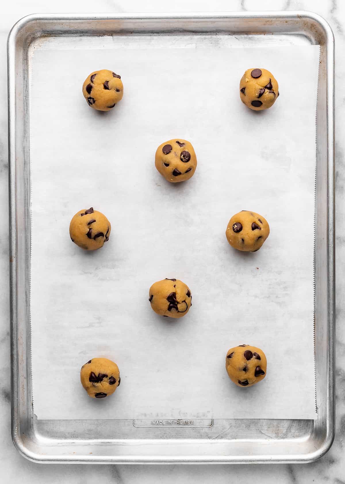 Small Batch Chocolate Chip Cookies dough on a baking sheet before baking