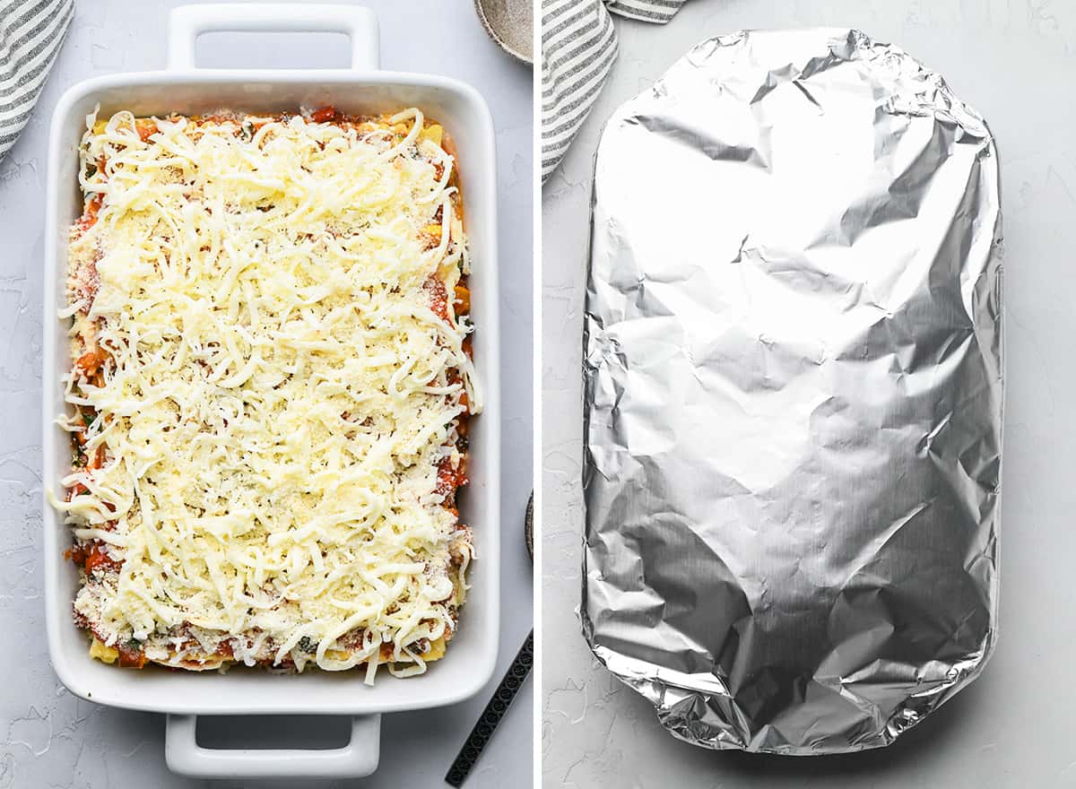 two photos showing assembled vegetarian lasagna in a baking dish uncovered then covered with foil. 