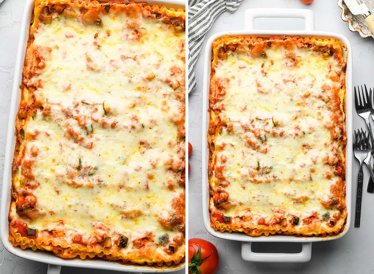 two photos showing vegetable lasagna in a baking dish after baking