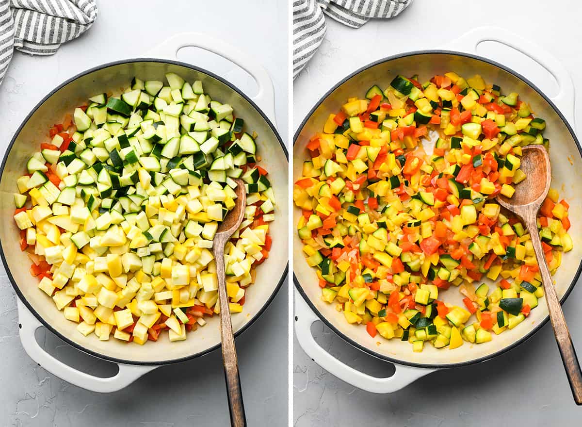 two photos showing how to make vegetable lasagna - cooking vegetables
