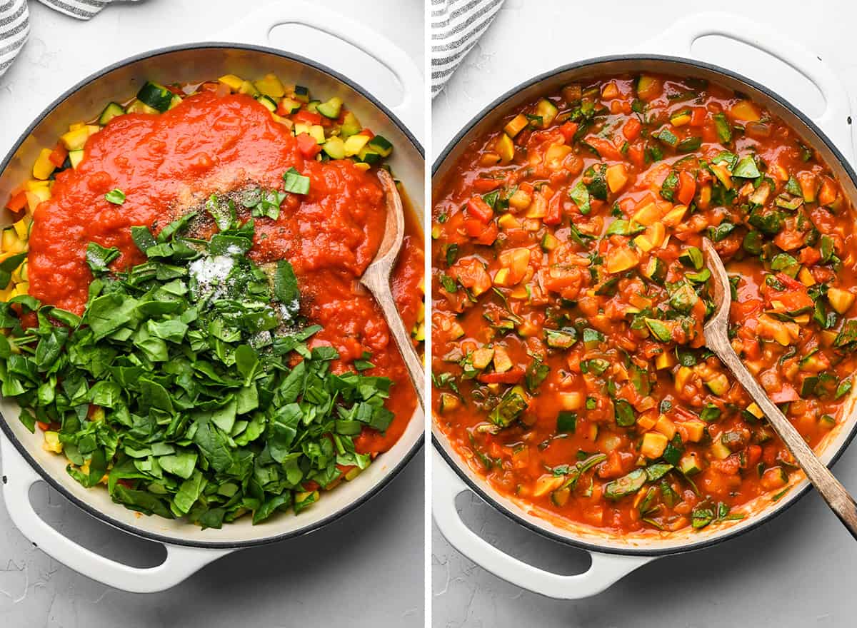 two photos showing how to make vegetable lasagna sauce