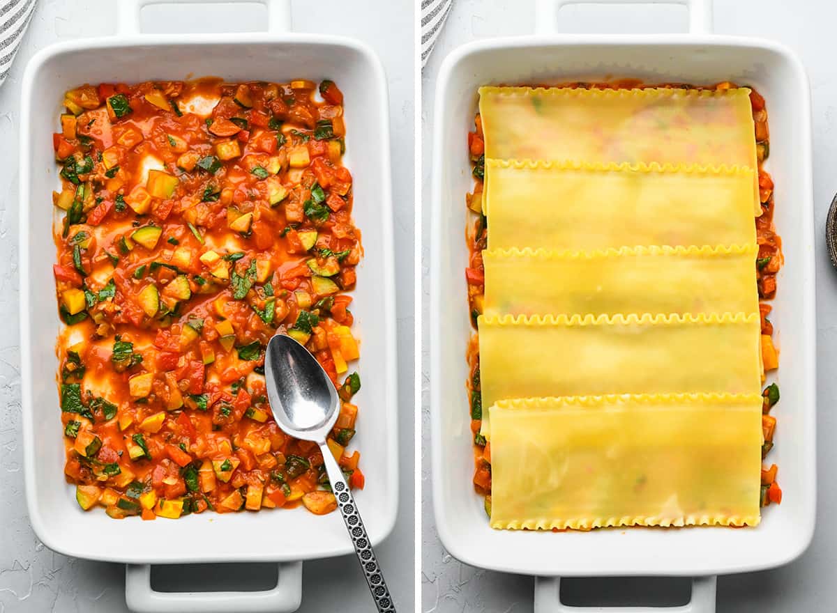 two photos showing how to assemble vegetable lasagna in a baking dish