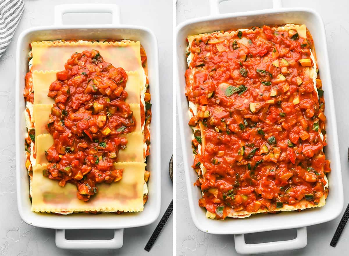 two photos showing how to assemble vegetable lasagna in a baking dish