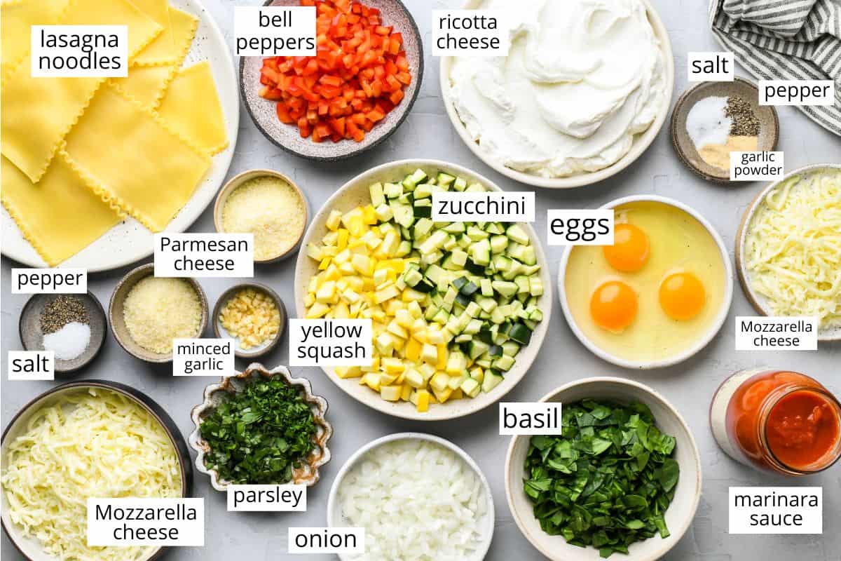 overhead photo of the labeled ingredients in this Vegetable Lasagna recipe