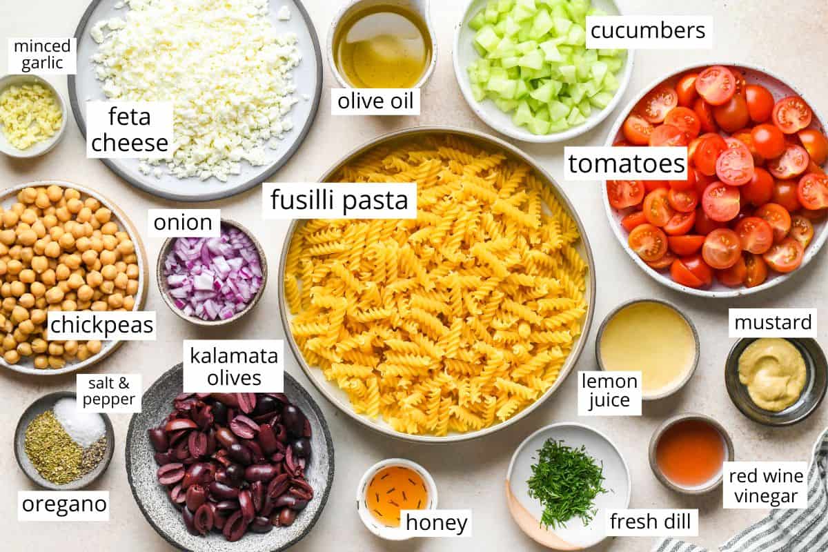 overhead photo of the ingredients in this Greek Pasta Salad recipe
