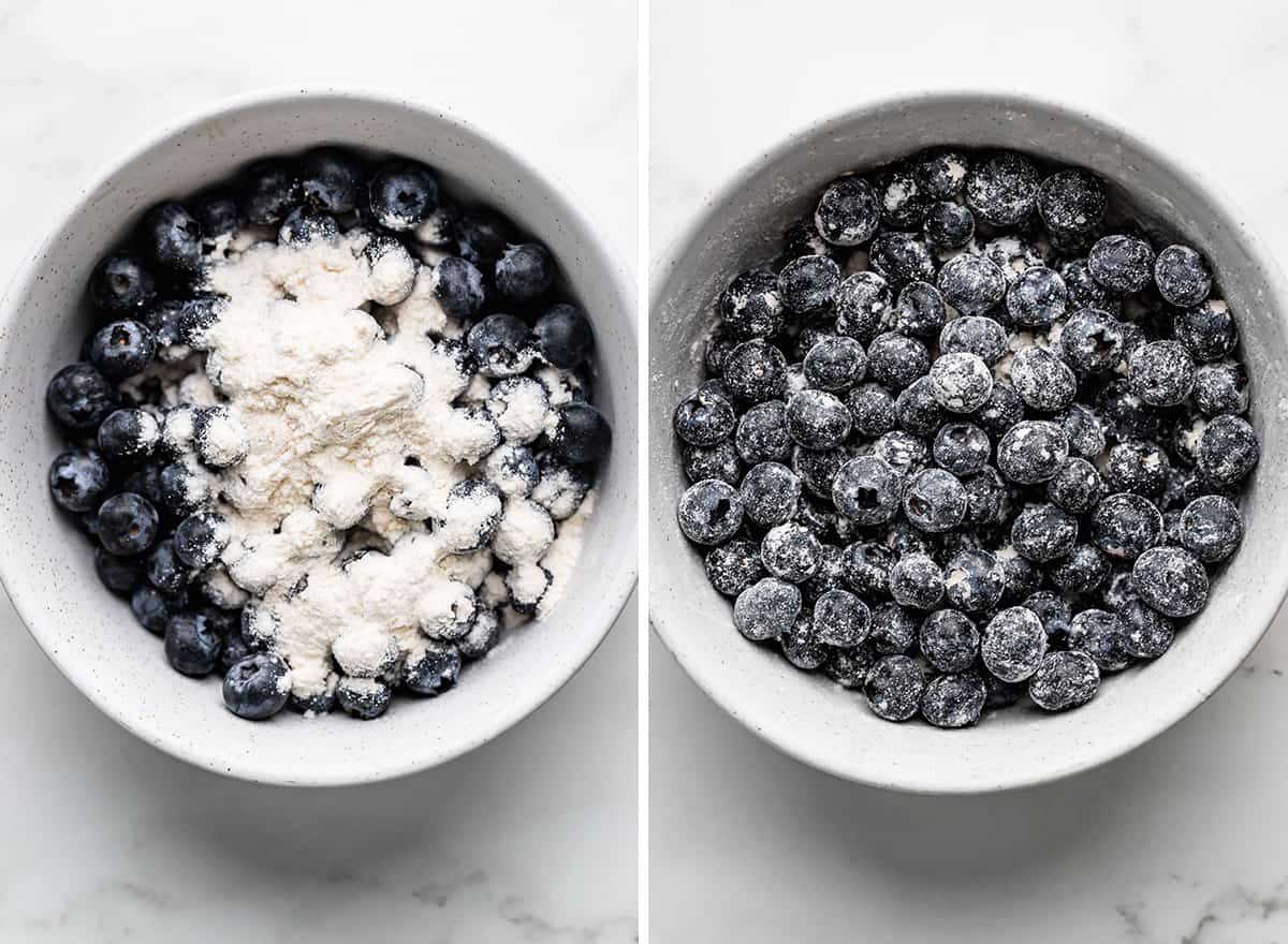 two photos showing how to make blueberry scones - mixing blueberries and flour