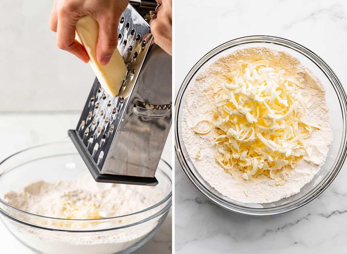 two photos showing how to make blueberry scones - grating butter into dry ingredients