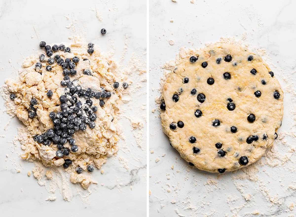 two photos showing how to make blueberry scones - forming the dough into a disc and adding blueberries