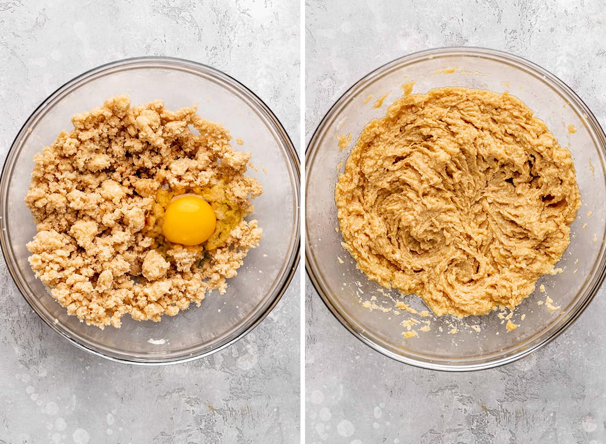 two photos showing how to make the oatmeal cookie layer for Carmelitas