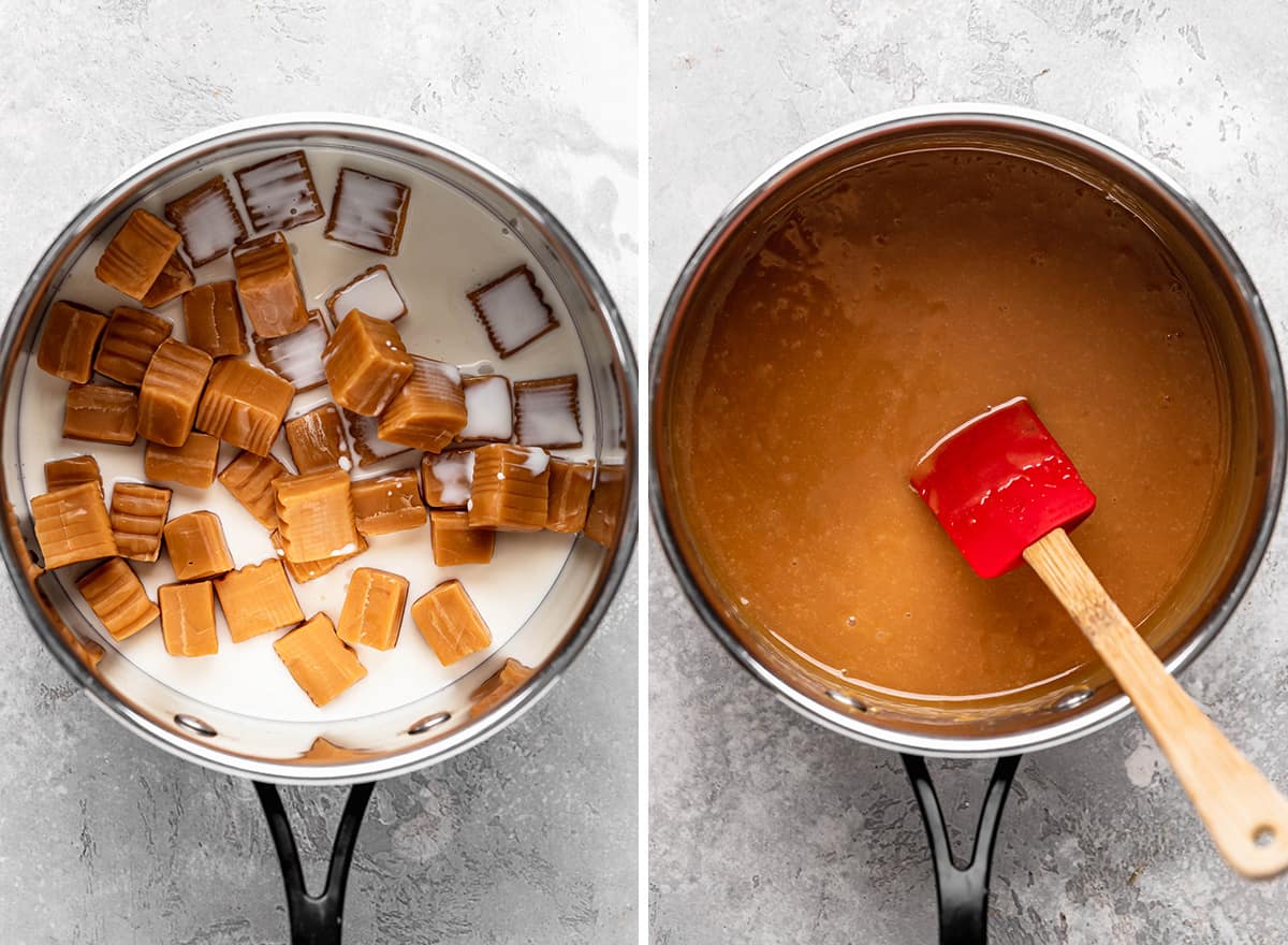 two photos showing how to make the caramel layer for Carmelitas