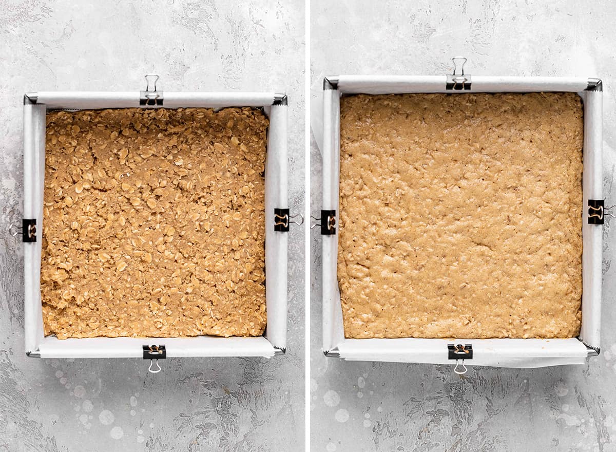 two photos showing the bottom crust of Carmelitas before and after baking
