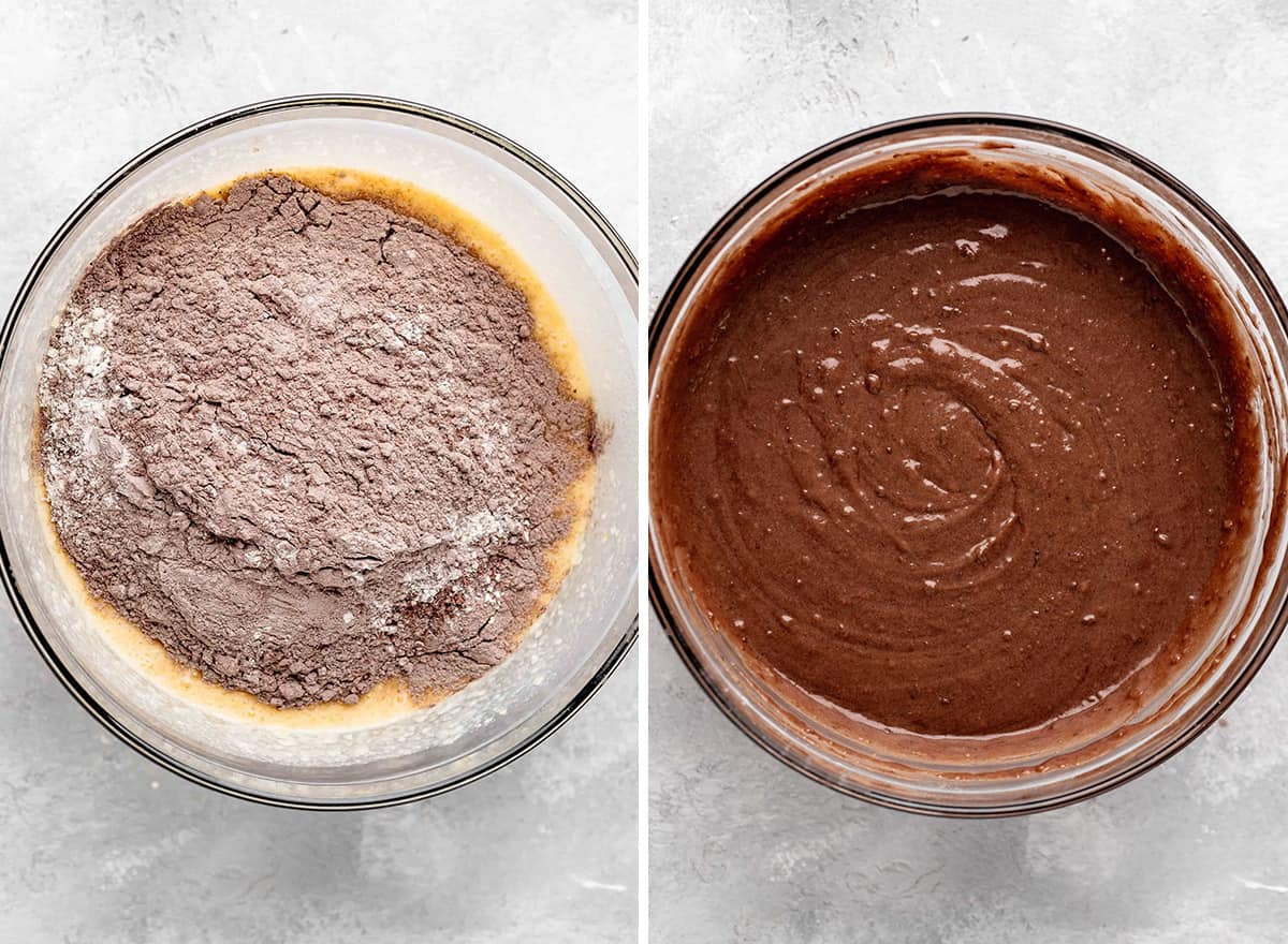two photos showing how to make chocolate sheet cake recipe - mixing wet and dry ingredients