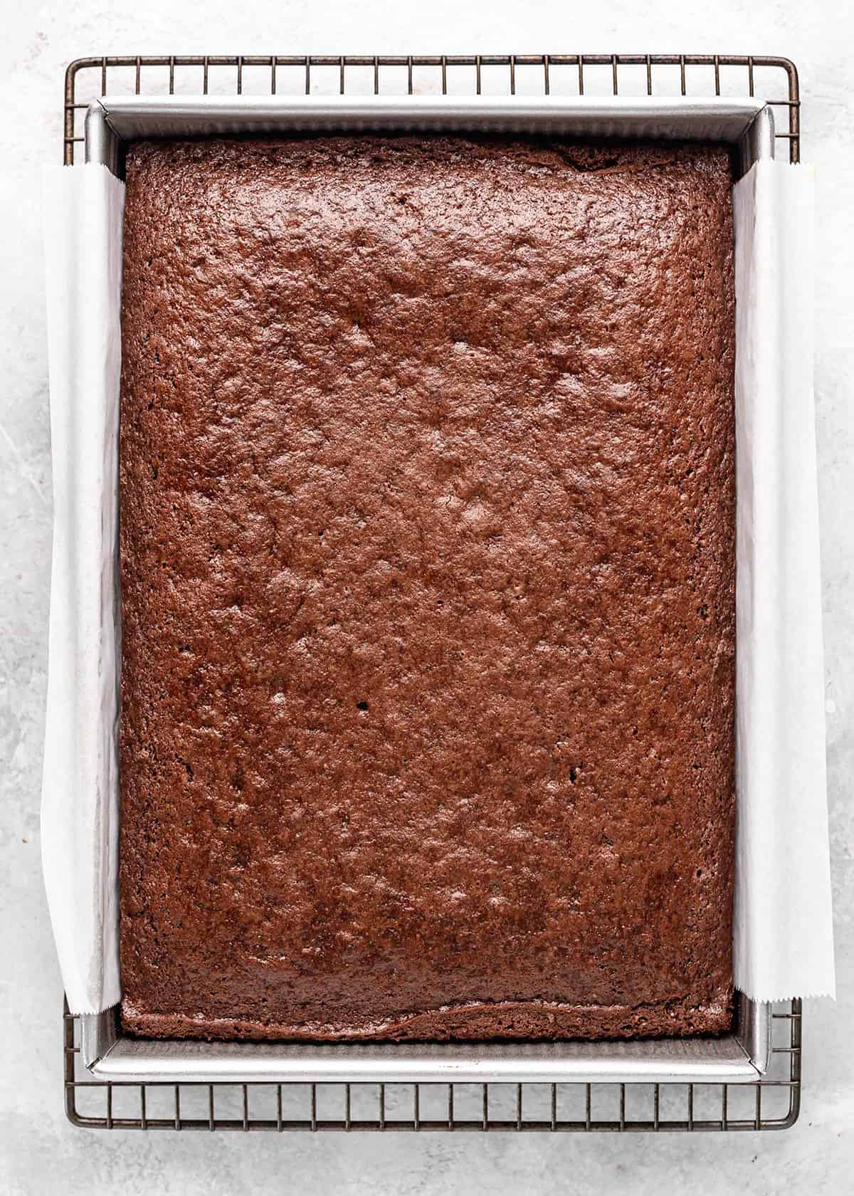 chocolate sheet cake in a baking pan after baking