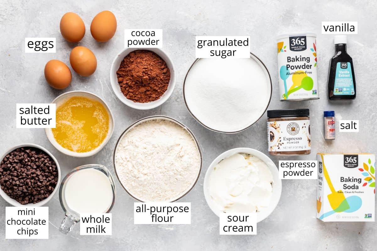 overhead photo of the labeled ingredients in this Chocolate Sheet Cake recipe