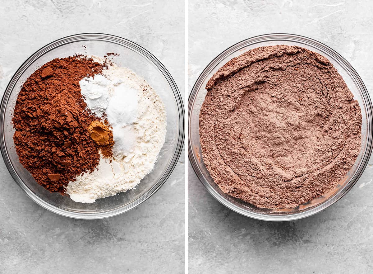 Two photos showing how to make Chocolate Muffins - combining dry ingredients