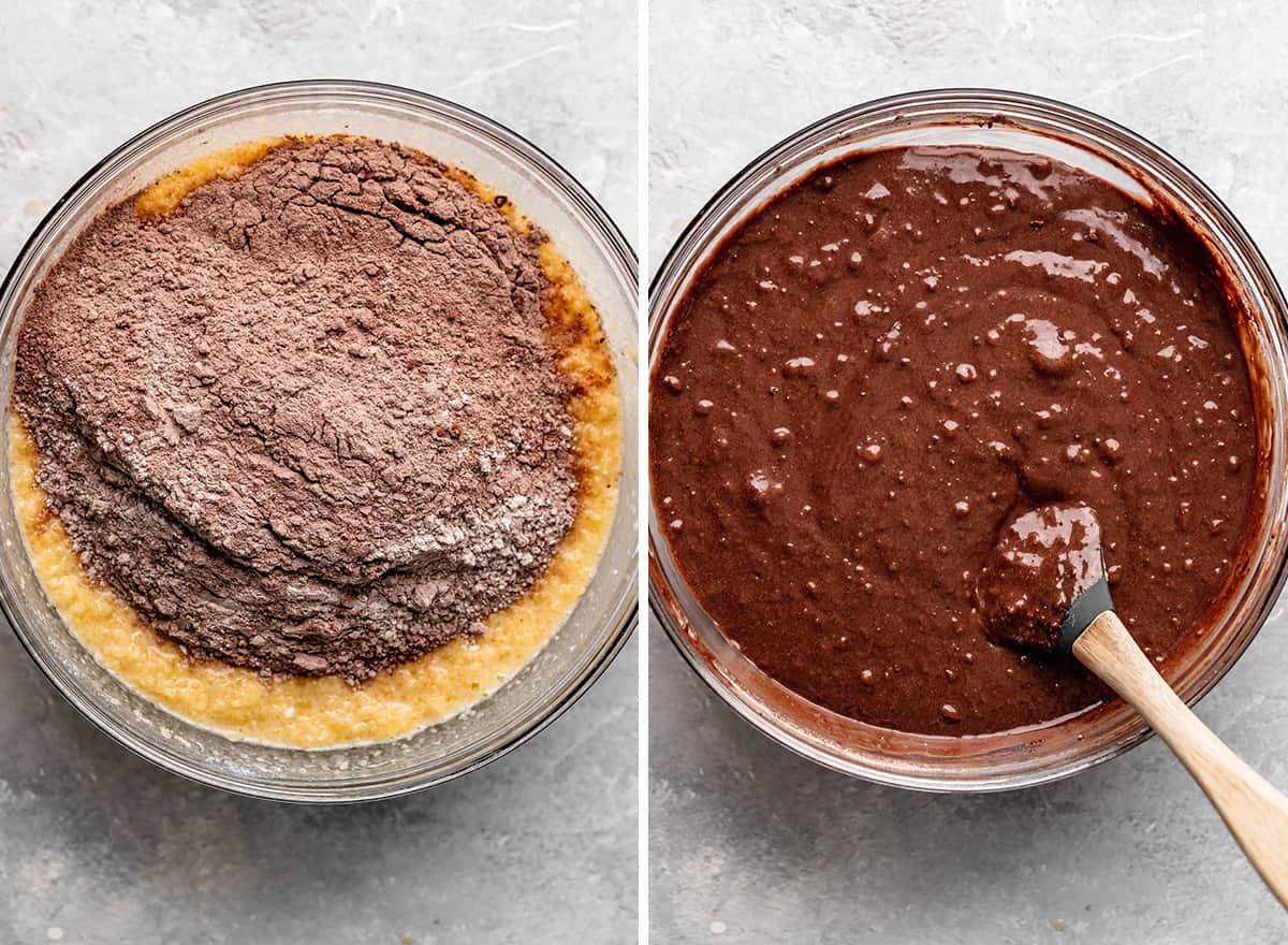 Two photos showing how to make Chocolate Muffins - combining wet and dry ingredients