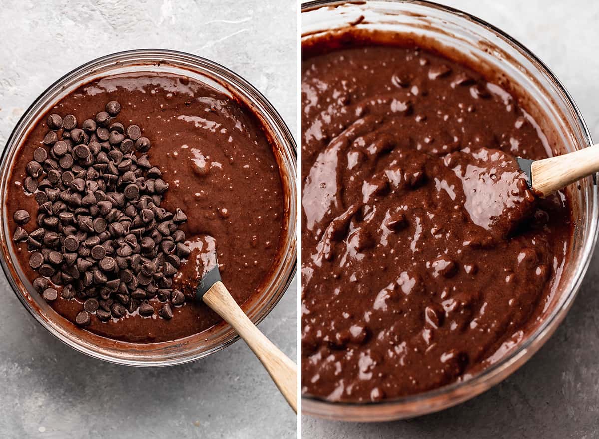 Two photos showing how to make Chocolate Muffins - stirring in chocolate chips