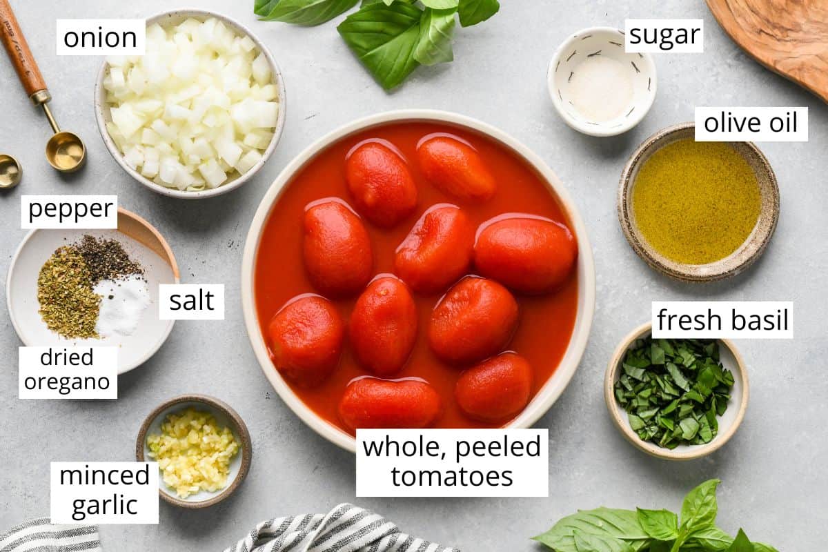 overhead photo of the labeled ingredients in this Homemade Marinara Sauce recipe