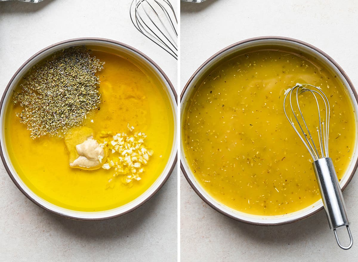 two photos showing how to make Greek Pasta Salad dressing