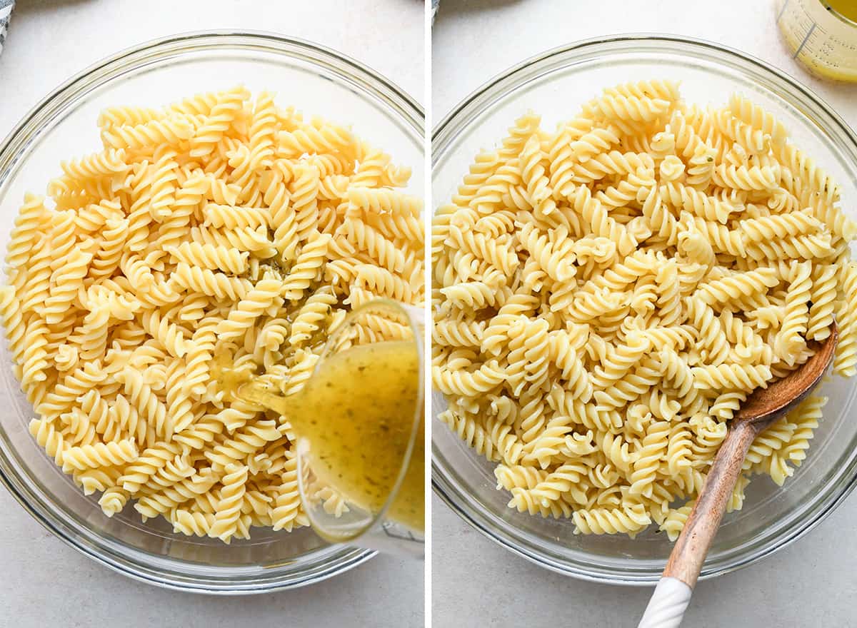 two photos showing mixing dressing into cooked pasta for greek pasta salad