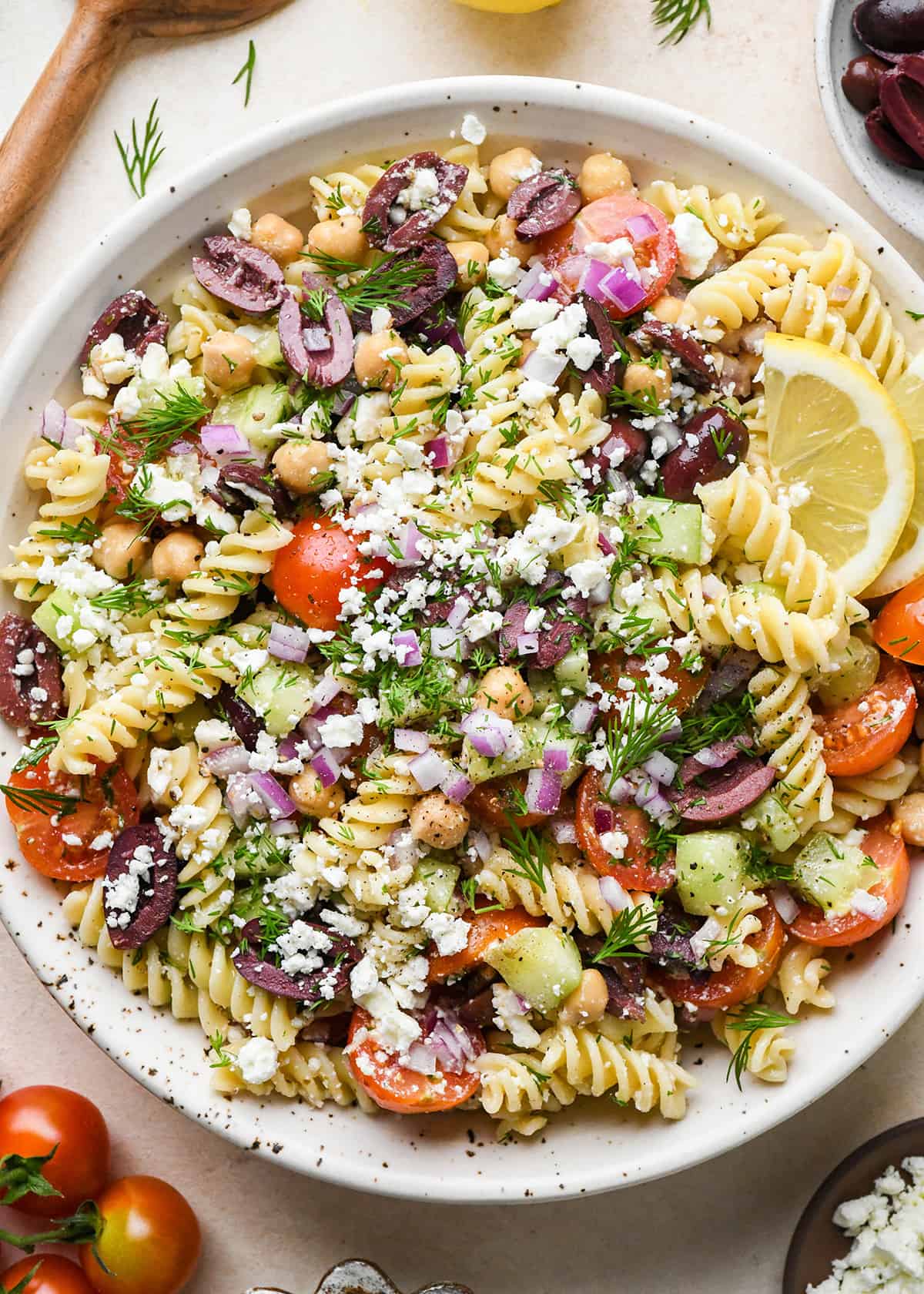 Greek Pasta Salad in a serving bowl