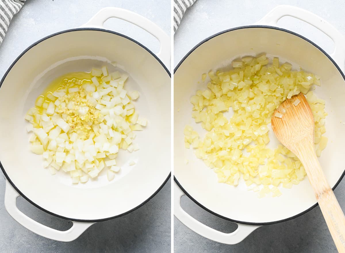two photos showing How to Make Marinara Sauce - sautéing onion and garlic