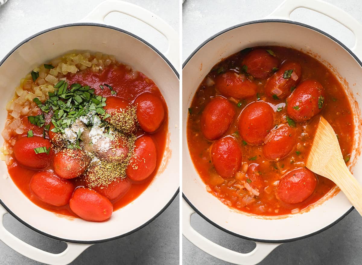two photos showing How to Make Marinara Sauce - adding tomatoes, herbs and spices 