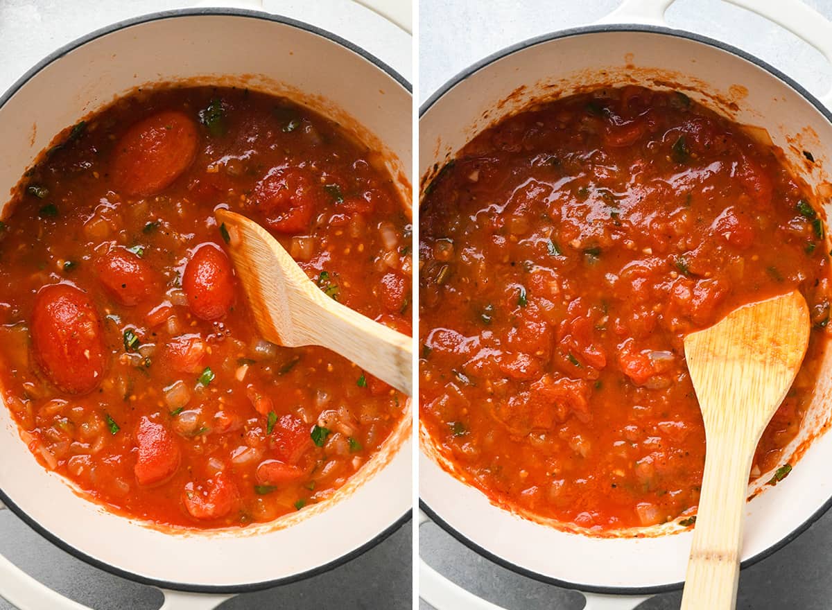 two photos showing How to Make Marinara Sauce - cooking in a pot