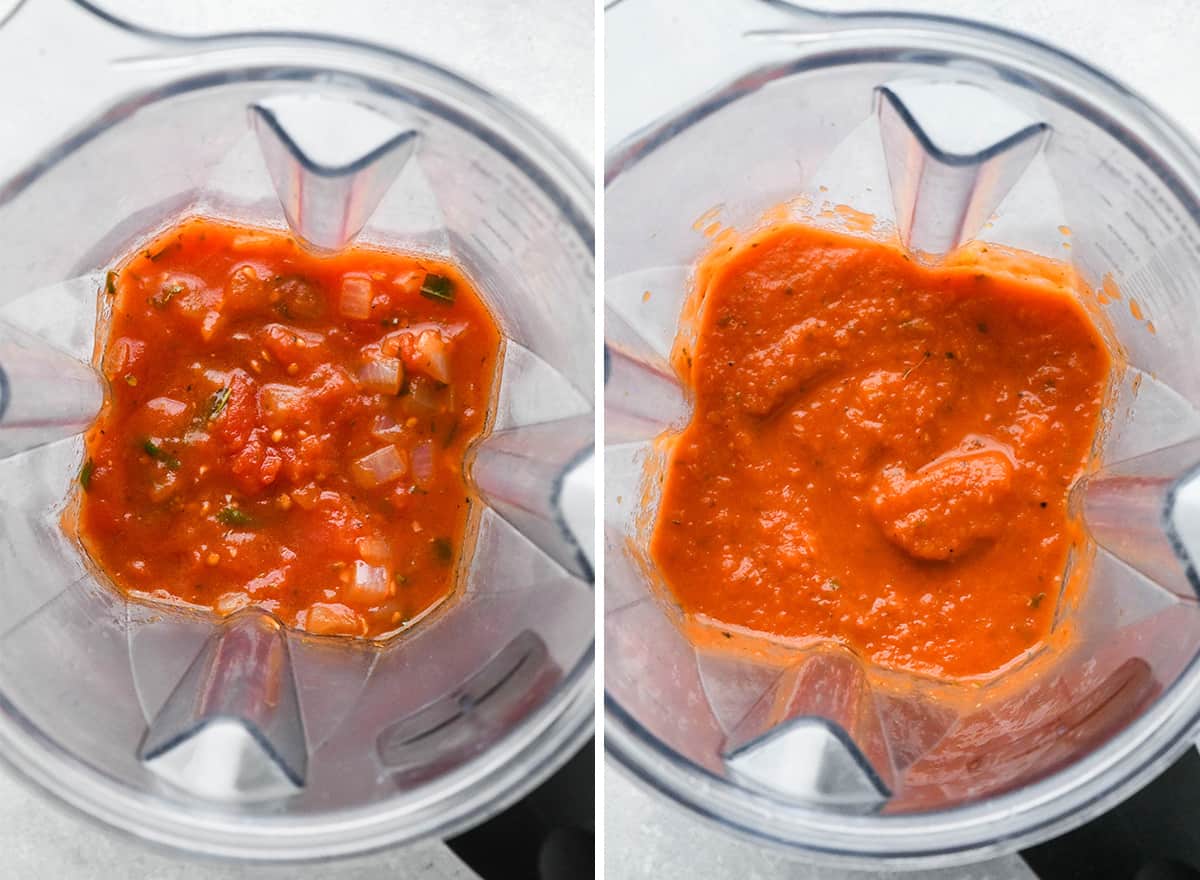 two photos showing How to Make Marinara Sauce - blending in a blender